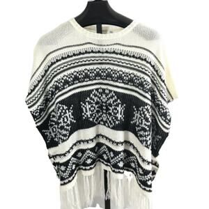 Womens Black White Poncho Sweater Size Small  Fringe Boho Lagenlook